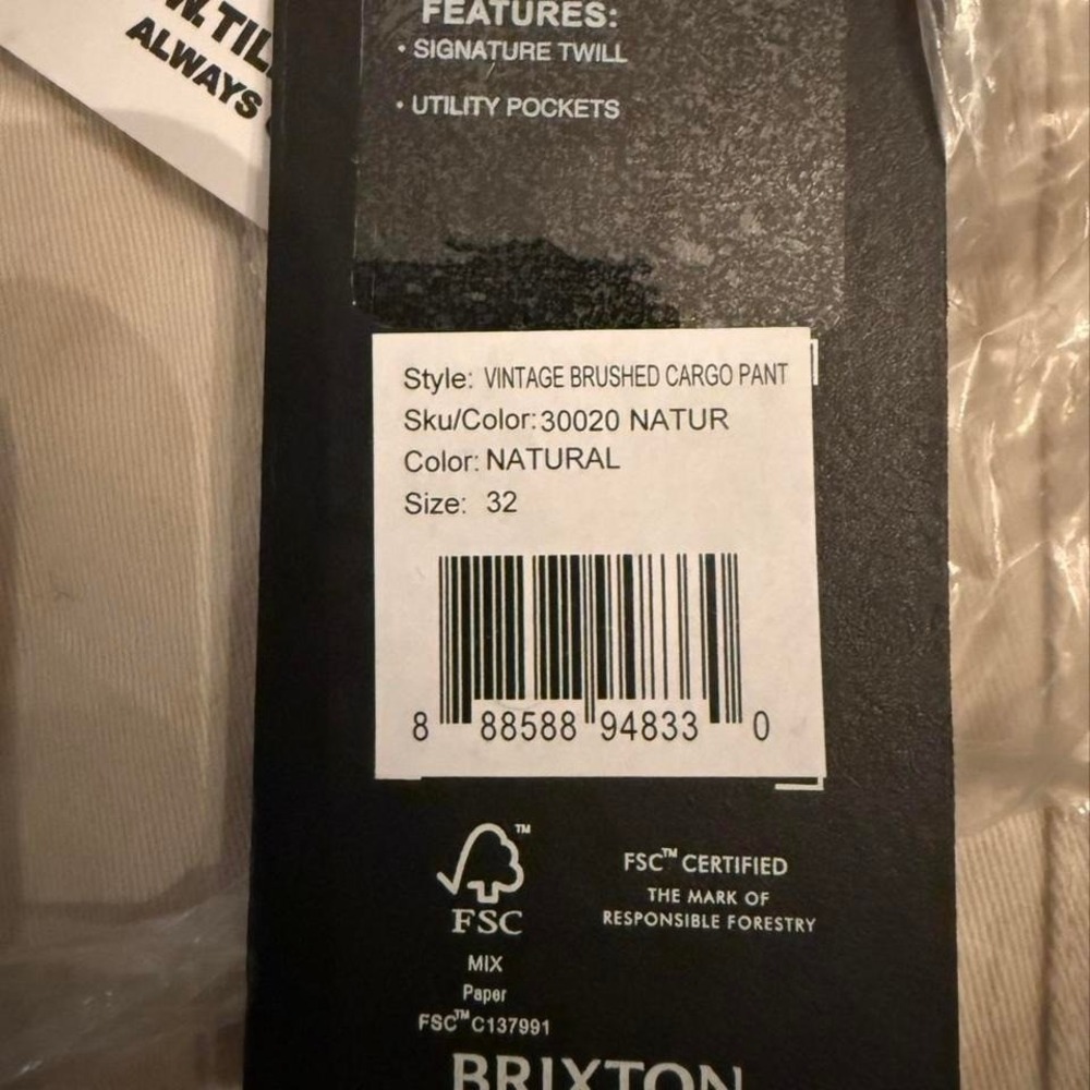 Brixton Vintage Brushed Cargo Pants Natural Mens Size 32 Signature Twill 30020